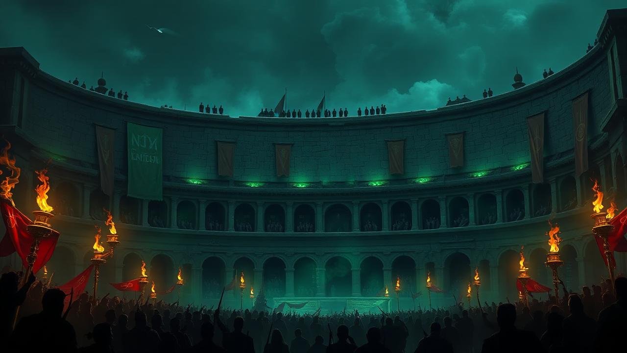 Arena medieval de pedra com estandartes, tochas e brasas esverdeadas à noite