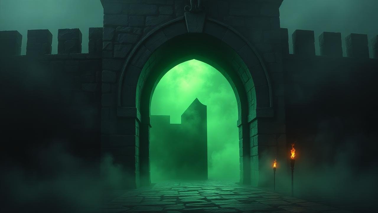 Portão de pedra de uma fortaleza medieval iluminado por uma luz verde entre a névoa